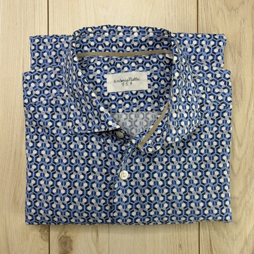 Tintoria Mattei 954 Slim Fit Button Up Shirt Blue Geometric Mens Size 38/15